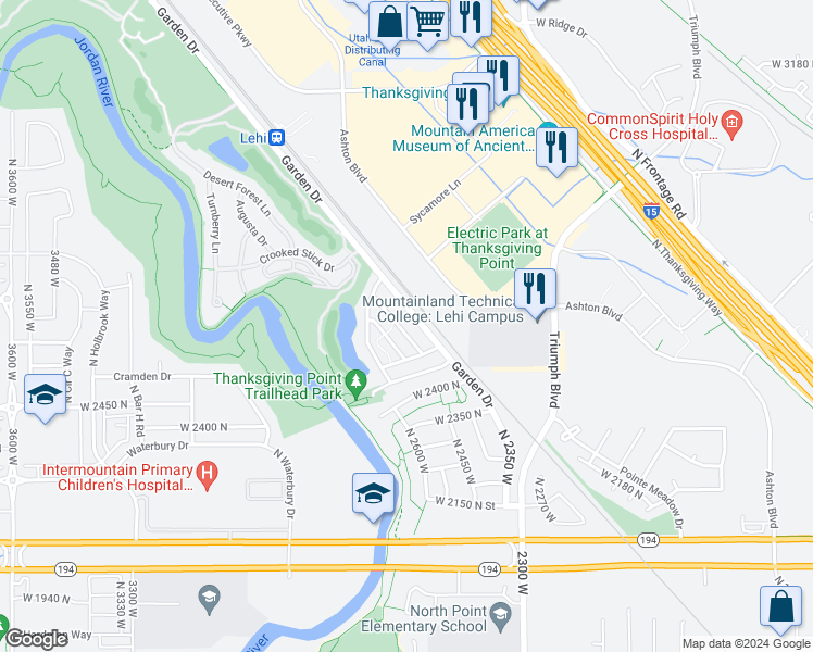 map of restaurants, bars, coffee shops, grocery stores, and more near 2602 North Elm Drive in Lehi
