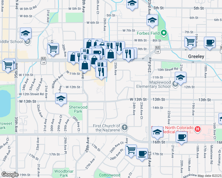 map of restaurants, bars, coffee shops, grocery stores, and more near 1205 25th Avenue in Greeley
