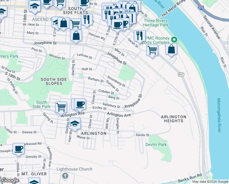 map of restaurants, bars, coffee shops, grocery stores, and more near 2825 Cobden Street in Pittsburgh