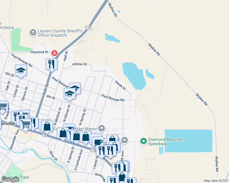 map of restaurants, bars, coffee shops, grocery stores, and more near 500 Howard Court in Susanville