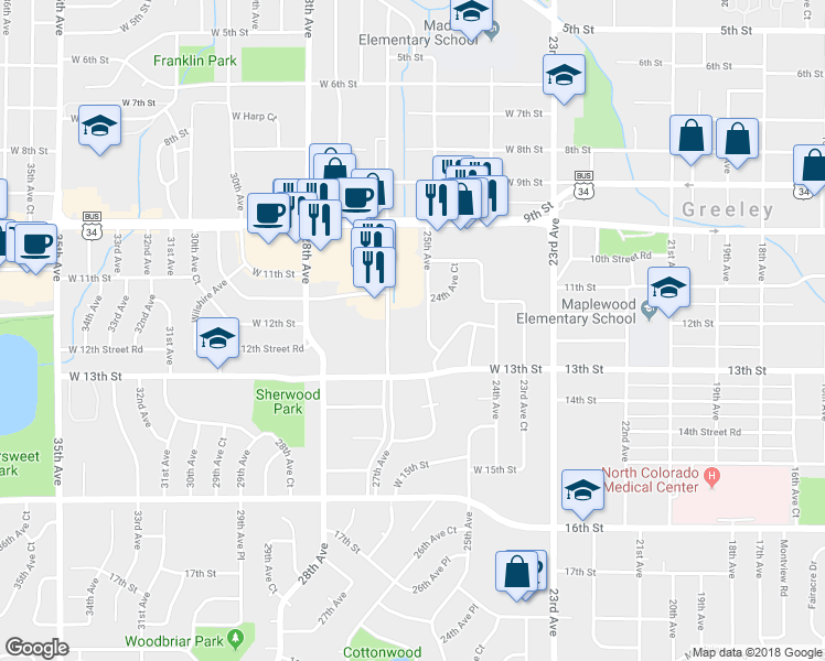 map of restaurants, bars, coffee shops, grocery stores, and more near 1205 25th Avenue in Greeley