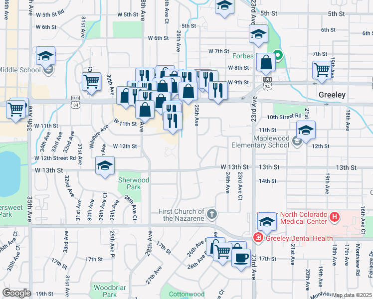 map of restaurants, bars, coffee shops, grocery stores, and more near 1205 25th Avenue in Greeley