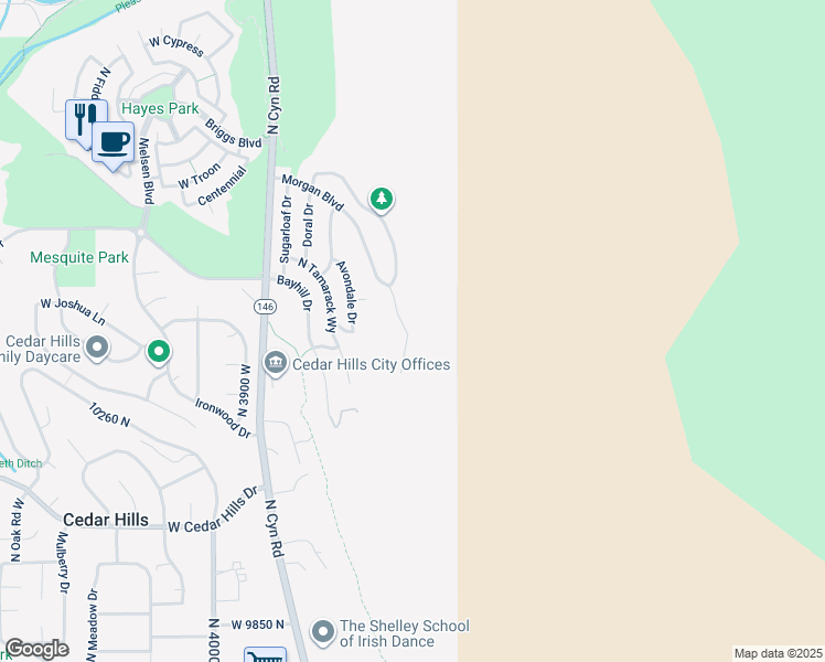 map of restaurants, bars, coffee shops, grocery stores, and more near 10303 Morgan Boulevard in Cedar Hills