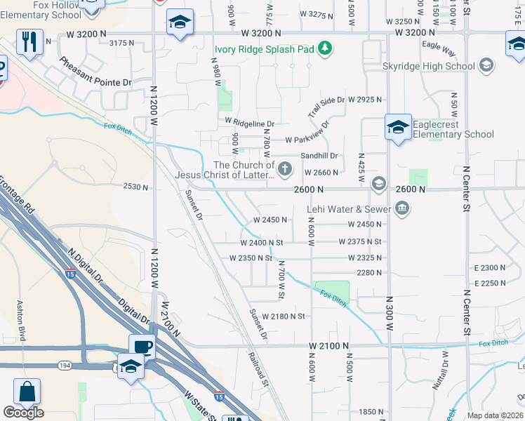 map of restaurants, bars, coffee shops, grocery stores, and more near 2432 North 840 West Street in Lehi