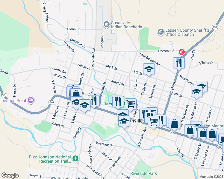 map of restaurants, bars, coffee shops, grocery stores, and more near 1200 North Street in Susanville