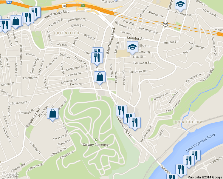 map of restaurants, bars, coffee shops, grocery stores, and more near in Pittsburgh