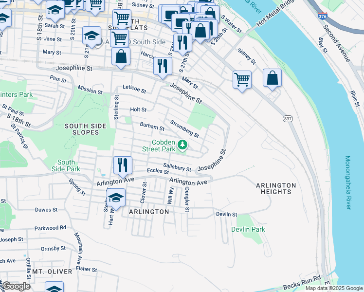 map of restaurants, bars, coffee shops, grocery stores, and more near 2833 Patterson Street in Pittsburgh