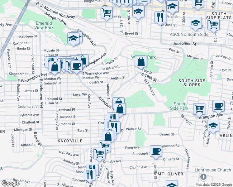 map of restaurants, bars, coffee shops, grocery stores, and more near 2716 South 18th Street in Pittsburgh
