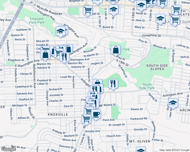 map of restaurants, bars, coffee shops, grocery stores, and more near 2716 South 18th Street in Pittsburgh