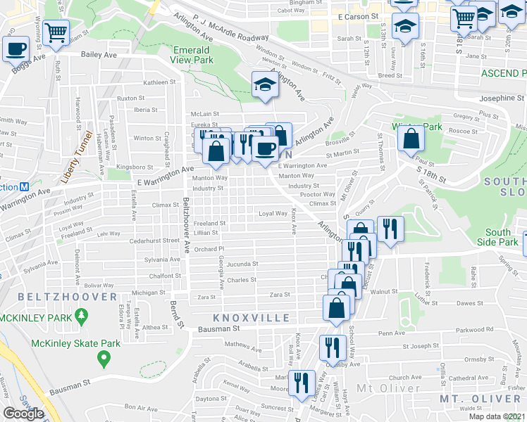 map of restaurants, bars, coffee shops, grocery stores, and more near 840 Freeland Street in Pittsburgh
