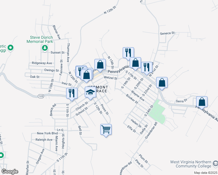 map of restaurants, bars, coffee shops, grocery stores, and more near 160 Sellitti Ln in Weirton