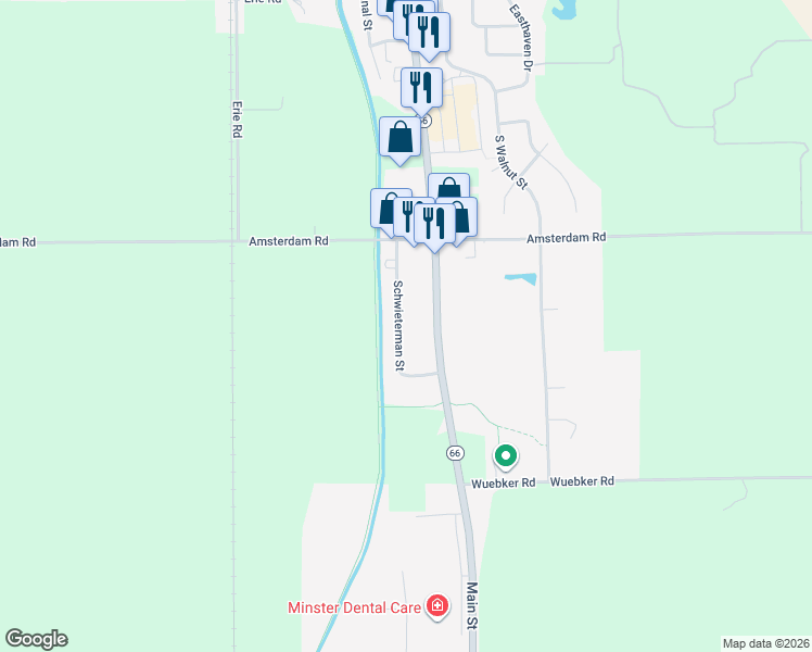 map of restaurants, bars, coffee shops, grocery stores, and more near 170 Schwieterman Street in Minster