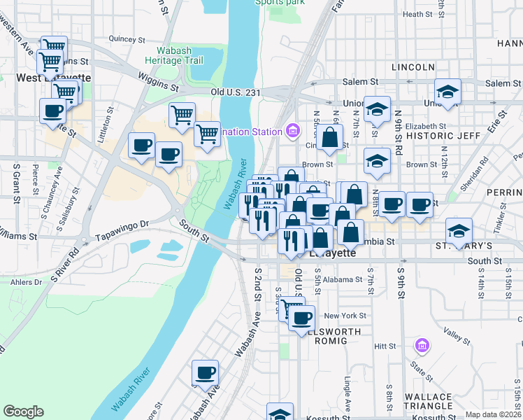 map of restaurants, bars, coffee shops, grocery stores, and more near 219 Main Street in Lafayette