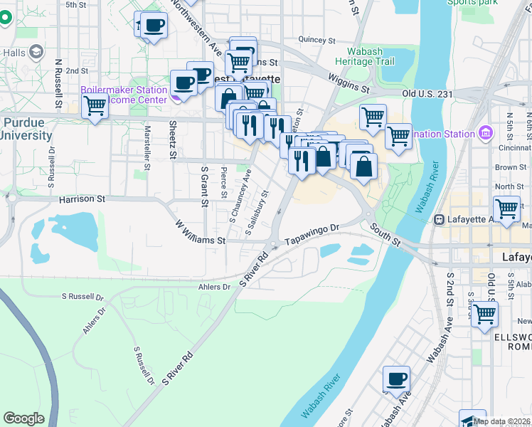map of restaurants, bars, coffee shops, grocery stores, and more near 271 South River Road in West Lafayette