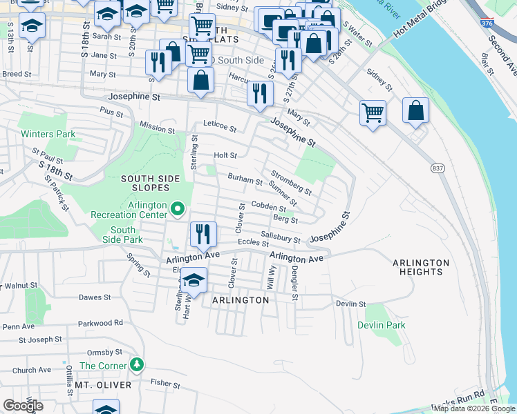 map of restaurants, bars, coffee shops, grocery stores, and more near 2733 Patterson Street in Pittsburgh