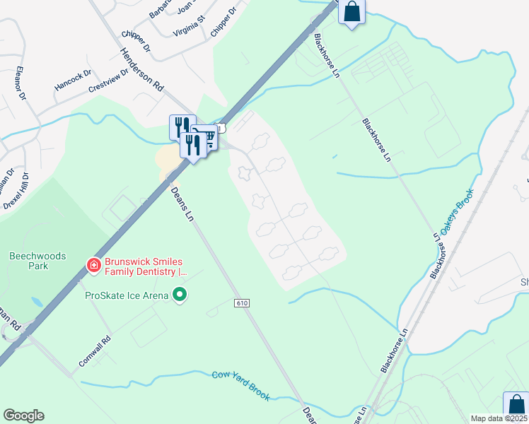 map of restaurants, bars, coffee shops, grocery stores, and more near 705 Royal Oaks Court in South Brunswick Township
