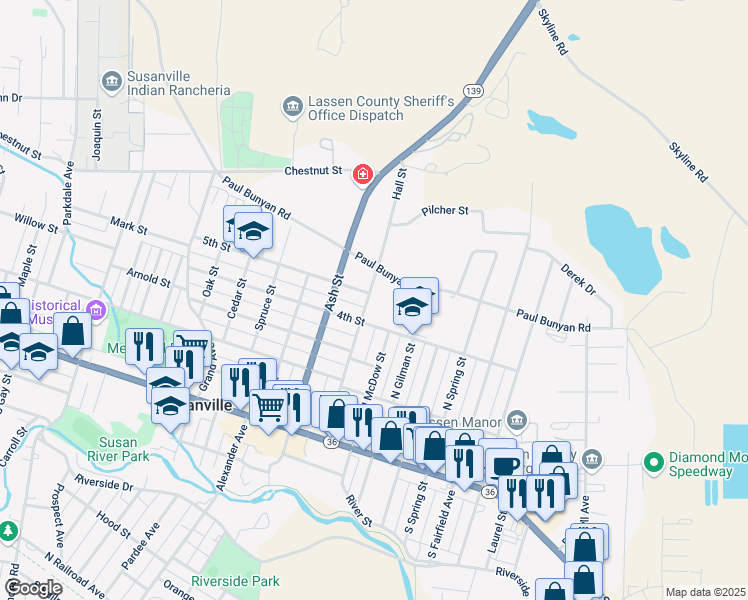 map of restaurants, bars, coffee shops, grocery stores, and more near 1809 4th Street in Susanville