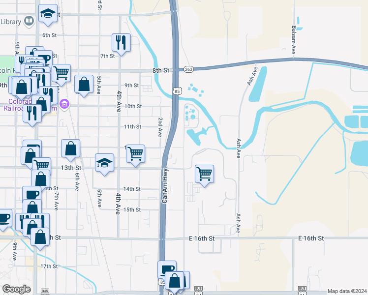 map of restaurants, bars, coffee shops, grocery stores, and more near 1 12th Street in Greeley