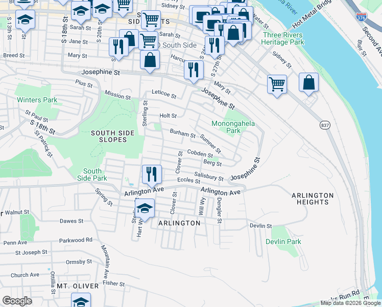 map of restaurants, bars, coffee shops, grocery stores, and more near 2714 Cobden Street in Pittsburgh