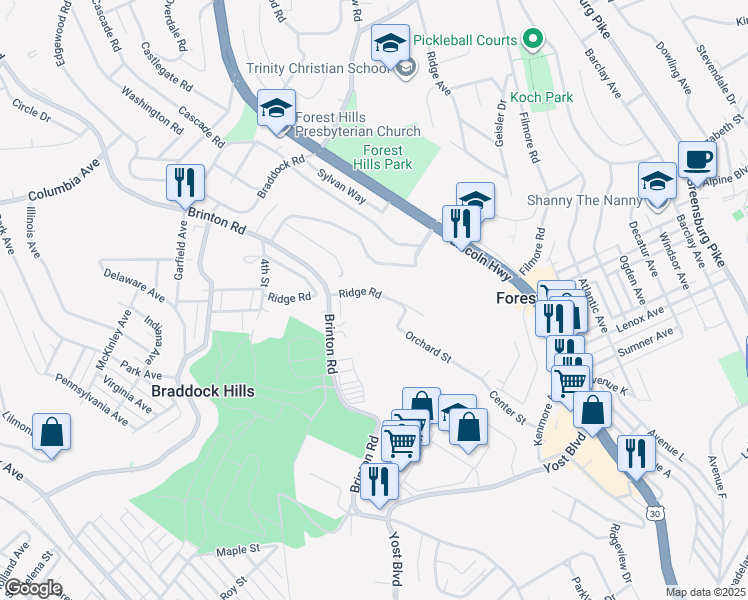 map of restaurants, bars, coffee shops, grocery stores, and more near 66 Ridge Road in Pittsburgh
