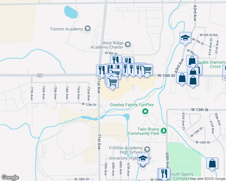 map of restaurants, bars, coffee shops, grocery stores, and more near 6922 West 10th Street in Greeley
