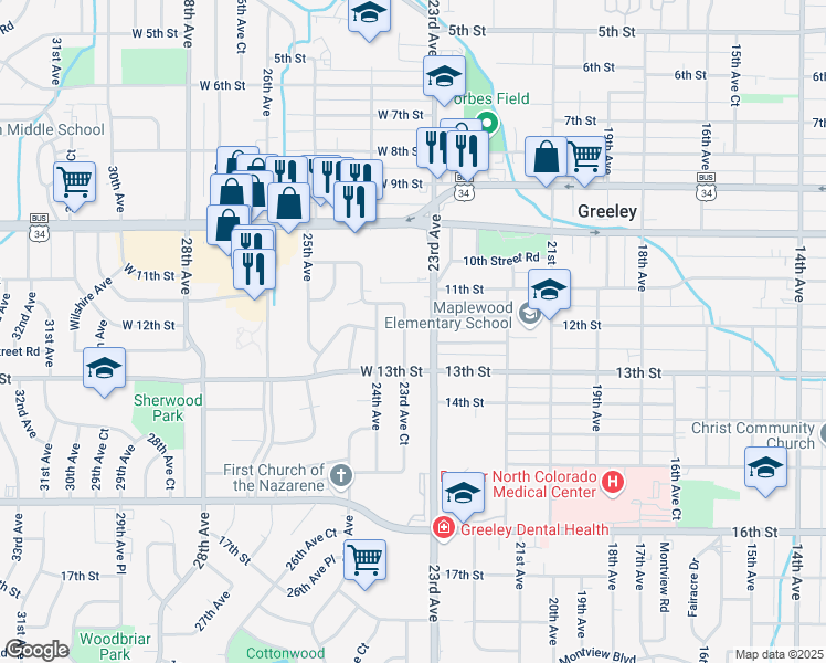 map of restaurants, bars, coffee shops, grocery stores, and more near 1109 23rd Avenue in Greeley