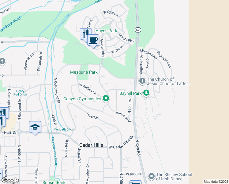 map of restaurants, bars, coffee shops, grocery stores, and more near 10329 Bristlecone Way in Cedar Hills