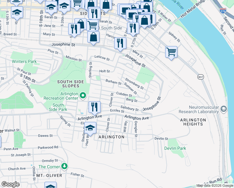 map of restaurants, bars, coffee shops, grocery stores, and more near 2514 Wellington Street in Pittsburgh