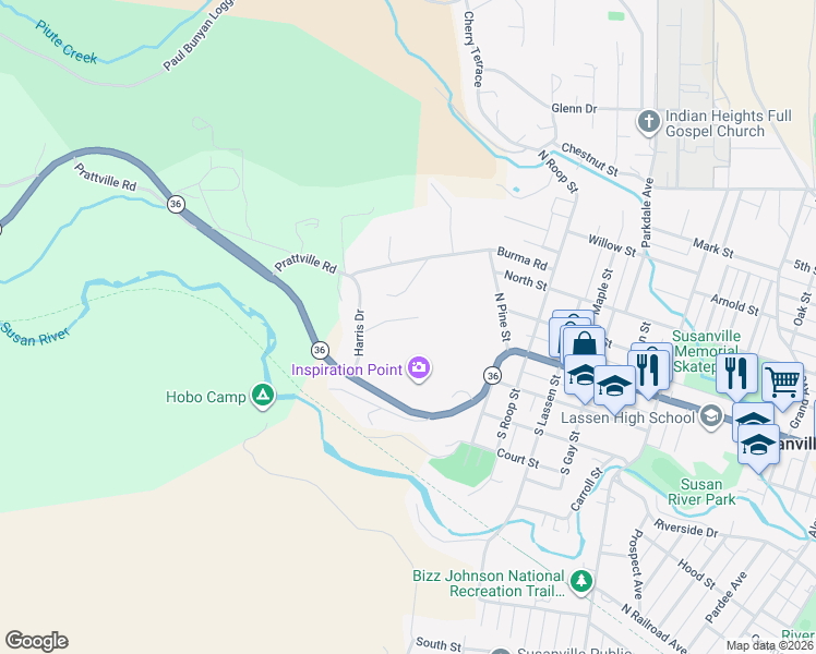 map of restaurants, bars, coffee shops, grocery stores, and more near 60 Inspiration Point Road in Susanville