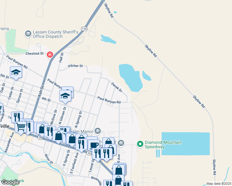 map of restaurants, bars, coffee shops, grocery stores, and more near 125 Derek Drive in Susanville