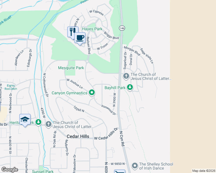 map of restaurants, bars, coffee shops, grocery stores, and more near 10378 Bristlecone Way in Cedar Hills