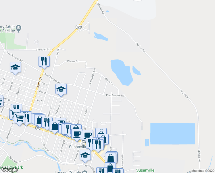 map of restaurants, bars, coffee shops, grocery stores, and more near 545 Howard Court in Susanville