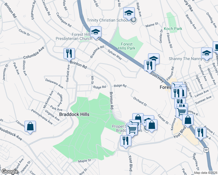 map of restaurants, bars, coffee shops, grocery stores, and more near 98 Roxbury Road in Pittsburgh