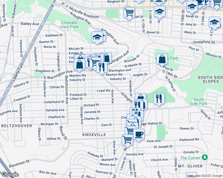 map of restaurants, bars, coffee shops, grocery stores, and more near 1326 Arlington Avenue in Pittsburgh
