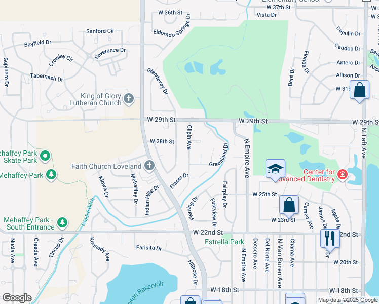 map of restaurants, bars, coffee shops, grocery stores, and more near 2433 Indiana Place in Loveland