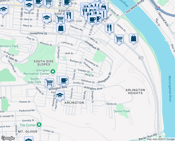 map of restaurants, bars, coffee shops, grocery stores, and more near 2821 Sumner Street in Pittsburgh