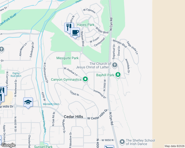map of restaurants, bars, coffee shops, grocery stores, and more near 10329 Bristlecone Way in Cedar Hills