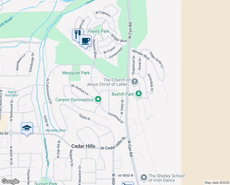 map of restaurants, bars, coffee shops, grocery stores, and more near 3957 Honey Locust Lane in Cedar Hills