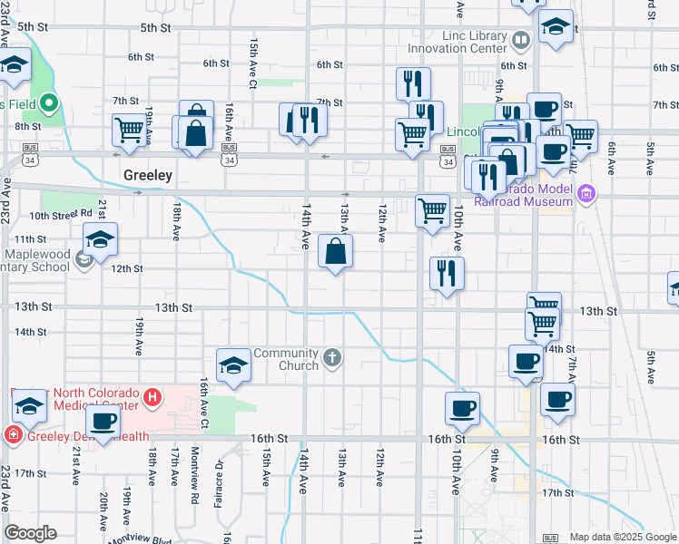 map of restaurants, bars, coffee shops, grocery stores, and more near in Greeley
