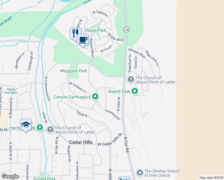 map of restaurants, bars, coffee shops, grocery stores, and more near 10378 Bristlecone Way in Cedar Hills