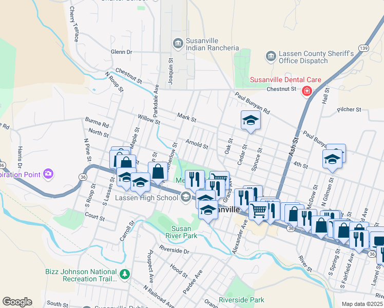 map of restaurants, bars, coffee shops, grocery stores, and more near 1100 Arnold Street in Susanville
