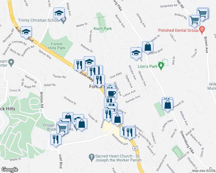 map of restaurants, bars, coffee shops, grocery stores, and more near in Forest Hills