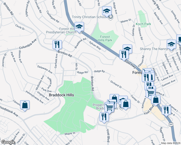 map of restaurants, bars, coffee shops, grocery stores, and more near 98 Roxbury Road in Pittsburgh