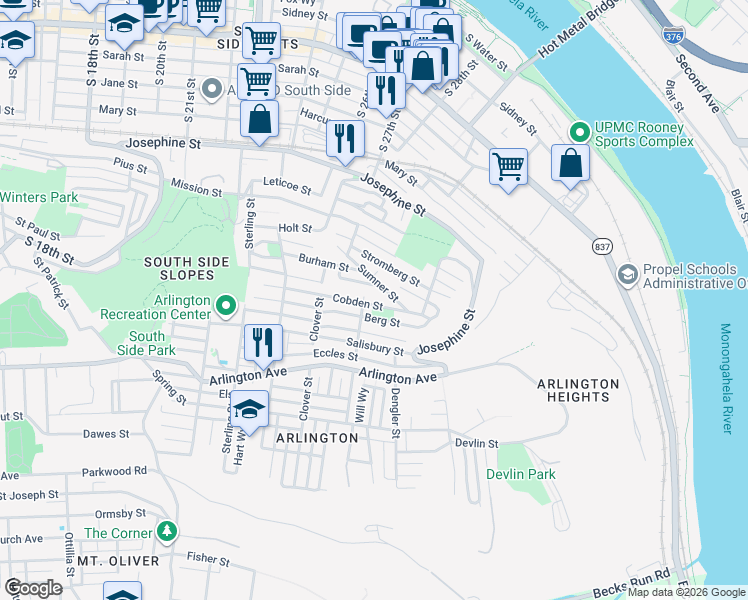 map of restaurants, bars, coffee shops, grocery stores, and more near 2821 Sumner Street in Pittsburgh
