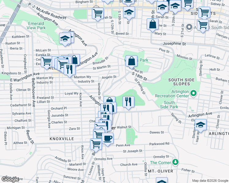 map of restaurants, bars, coffee shops, grocery stores, and more near 2629 South 18th Street in Pittsburgh
