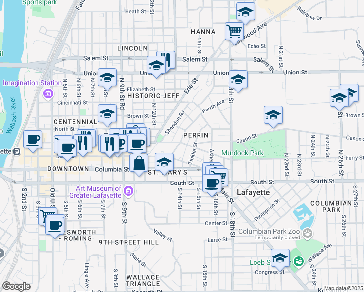 map of restaurants, bars, coffee shops, grocery stores, and more near 316 Perrin Avenue in Lafayette