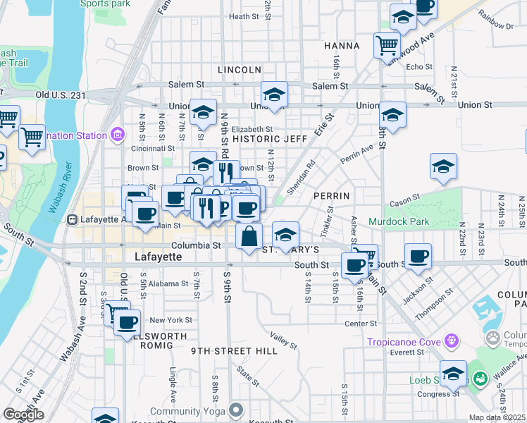 map of restaurants, bars, coffee shops, grocery stores, and more near 1109 North Street in Lafayette