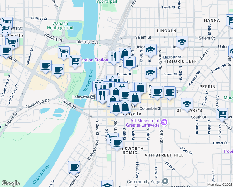 map of restaurants, bars, coffee shops, grocery stores, and more near 314 North 4th Street in Lafayette