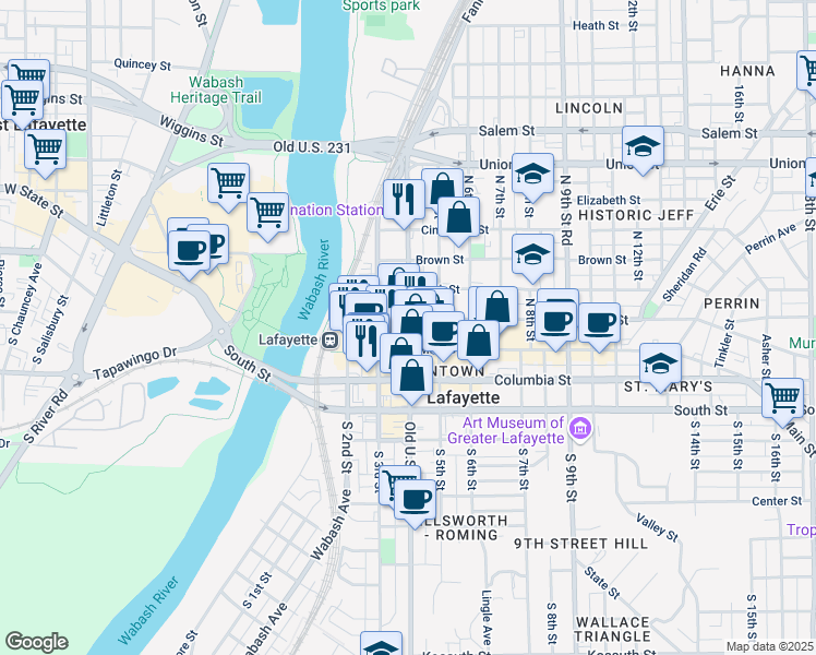 map of restaurants, bars, coffee shops, grocery stores, and more near 314 North 4th Street in Lafayette