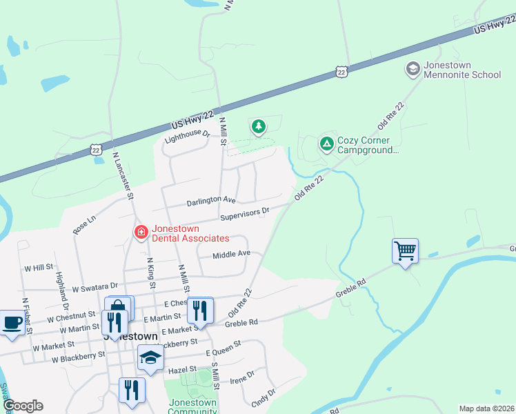 map of restaurants, bars, coffee shops, grocery stores, and more near 2 Oldfield Avenue in Jonestown
